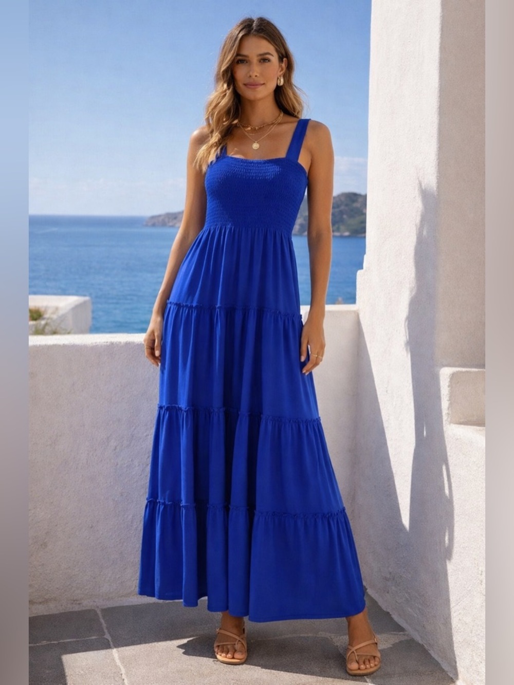Zenana Outfitters Electric Blue Smocked Tiered Maxi Dress Small Cottagecore